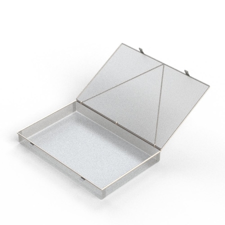 Anysizebasket Light Duty Basket: 18Lx12Wx2H, 304 SS, Hinged Lid with Thumb Clasp, No Handles, Mesh: 4 x .032 FLB-180120020-L04S